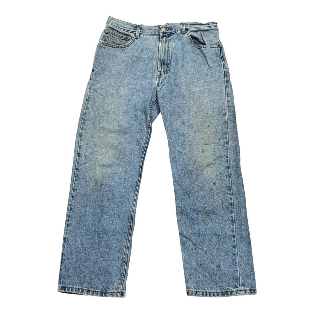 Levis 505 Jeans Mens 36x30 Blue Regular Fit Denim Medium Wash Distressed Stain